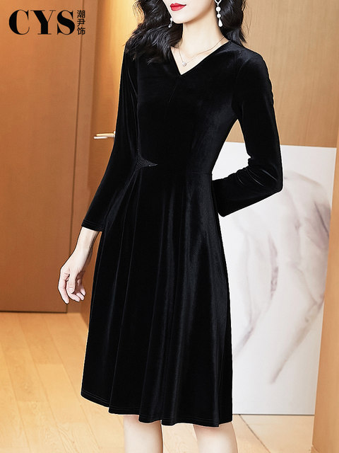 Gold velvet dress 2024 autumn new style noble and stylish v-neck ...
