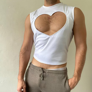 
Trendy Slim Round Neck Vest Men's Summer White Hollow Heart-Shaped Pullover Short Sweat Vest