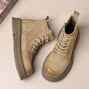 
Martin boots men's 2025 new summer hollow rhubarb boots breathable high-top shoes genuine leather mid-top thick-soled work boots