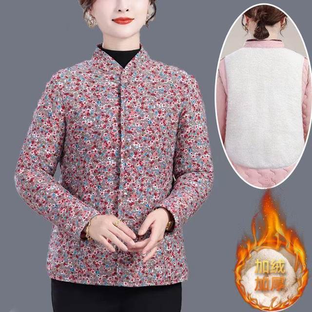 Mom's new winter thickened cotton coat and jacket, loose and warm camel hair cotton coat for middle-aged and elderly people, plus velvet floral jacket