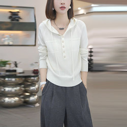 Hooded Half-Open Collar Long-Sleeved Knit Sweater Spring Hoodie 2026 New Plus Size Slimming Casual Top for Chubby Women