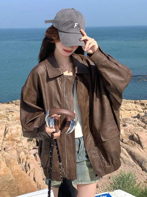 Spring retro Korean coffee color leather jacket outer jacket women's ...
