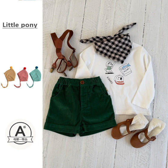 
Children's pants spring and summer new style baby boy cute cartoon printed long-sleeved T-shirt simple corduroy shorts suit