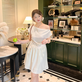 DM100 large size 100% women's clothing summer fat mm slim and design irregular slanted shoulder dress