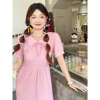 
DM100 Large Size 100% Women's Summer Fat mm Front Shoulder Pleated Knitted Sweet Doll Collar Polka Dot Dress