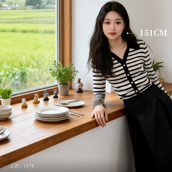 
Tailor-made small V-neck striped sweater for women, retro slimming long-sleeved sweater 1478