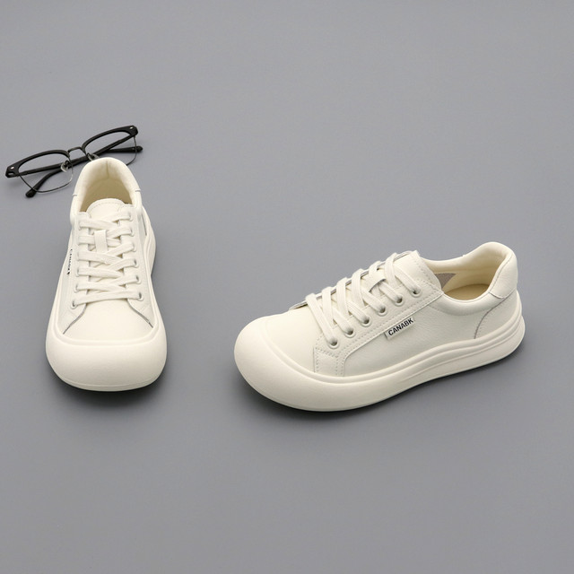 Genuine leather white shoes women's single shoes 2025 autumn minimalist doll head cowhide lace-up flat casual shoes women's board shoes