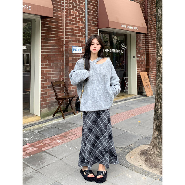 Adan gray plaid skirt autumn and winter Korean style high waist slim and versatile temperament commuting A-line fishtail skirt for women
