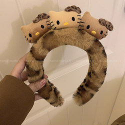 Leopard Print Kitty Headband~ Fluffy Autumn and Winter New Style Black Leather Hawaiian Kt Cat Headband Cartoon Face Washing Girl