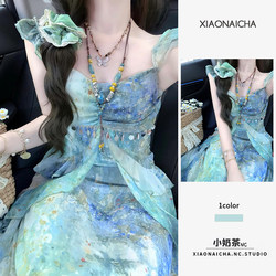 Beach Vacation Style Printed Flutter Sleeve Spaghetti Strap Dress for Women 2026 Summer New Waist-Cinching Fairy Long Dress