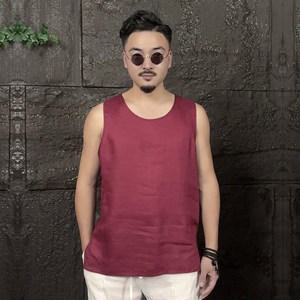 
Summer men's loose linen vest vest T-shirt for youth trendy solid color wash thin sweat shirt