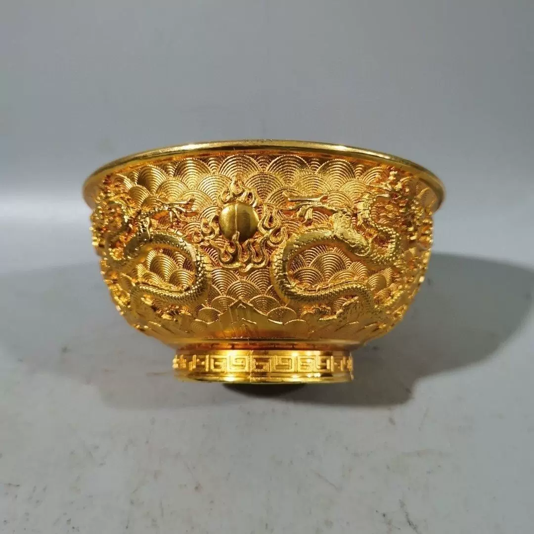 古玩铜器收藏仿古乾隆年制鎏金浮雕双龙戏珠碗铜碗家居摆件-Taobao