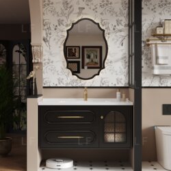 French-Style Vintage Solid Wood Lacquered Bathroom Cabinet Set with Integrated Ceramic Washbasin Sink