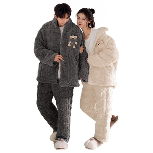 Beiyan winter thickened coral velvet cotton couple pajamas for men and women high neck warm cotton jacket bear home clothing set