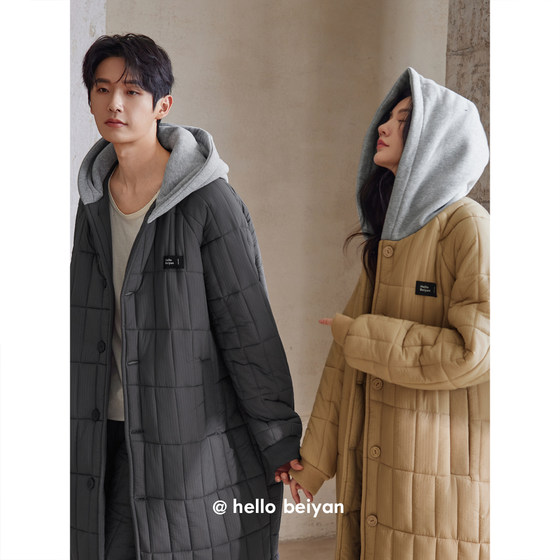 
Beiyan quilted couple pajamas for women winter thickened mid-length cotton jacket suit hooded warm men's velvet home clothes