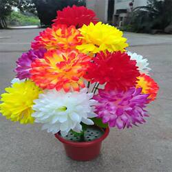 Chrysanthemum 18-Head Colorful Chrysanthemum Bouquet, Qingming Chrysanthemum for Offering, Artificial Flowers for Grave Site Placement, Plastic Flowers with Pot, Qingming Flowers