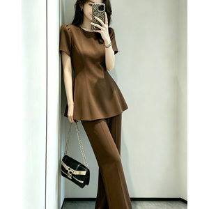 
Plus size women's summer and autumn commuting style short-sleeved waist slim fit top wide-leg pants two-piece set fat mm slimming suit