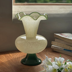 Green Fenton Glass Vase with Antique French Wave Edge, Vintage Artistic Style Flower Arrangement, Living Room Decoration Ornaments