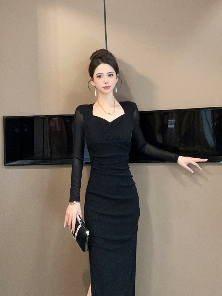 Waist-tight Women's Clothing Fashion Square Collar Autumn And Winter New Long Sleeve Dress Women