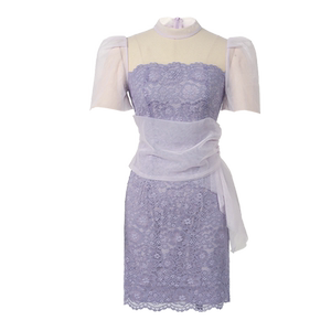 
Purple red vine figure-showing dress, fashionable and age-reducing, slimming waist, short-sleeved, high-waisted, beautiful lace little black dress for summer