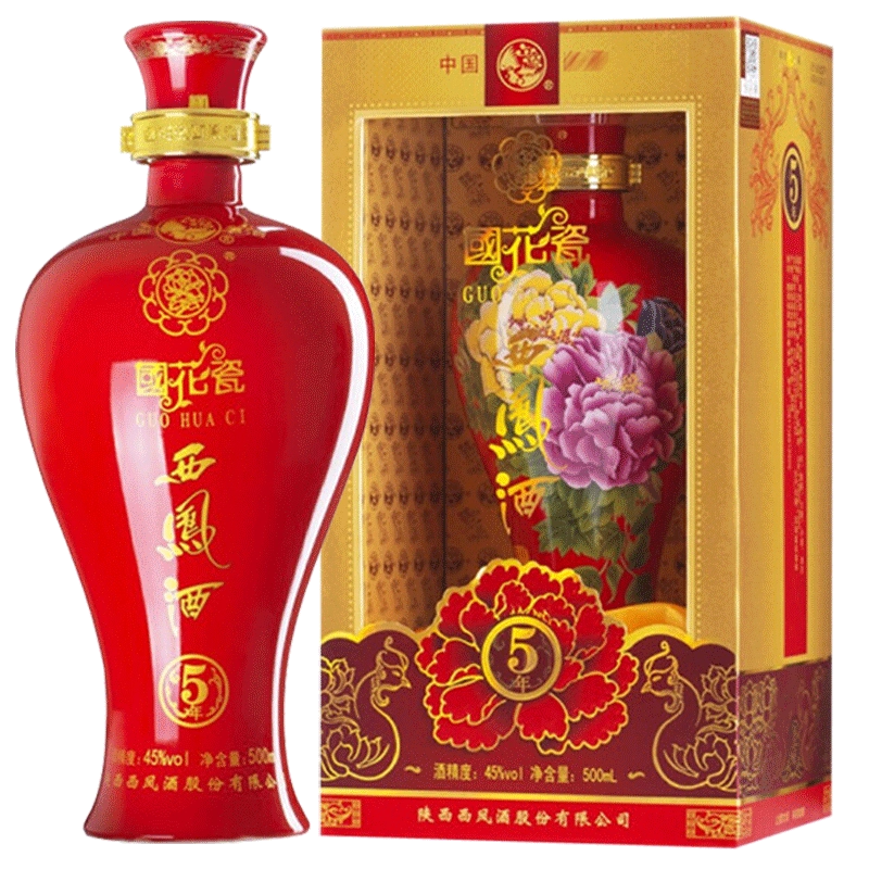 西凤酒45度5年国花瓷五年陈酿红瓶装凤香型白酒