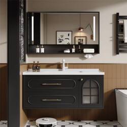 French-Style Vintage Bathroom Cabinet Set with Integrated Ceramic Washbasin, Multi-Layer Solid Wood Bathroom Vanity