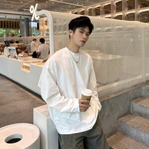 
Feixingji 400g pure cotton white long-sleeved T-shirt men's basic 2025 autumn new loose popular bottoming shirt