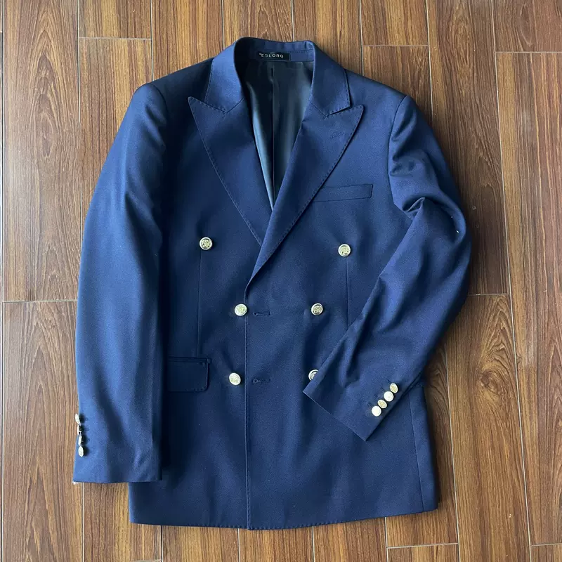 四季款海军蓝藏蓝双排扣布雷泽修身西装男戗驳领金属扣免烫西服-Taobao 