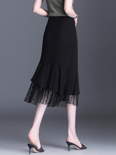 Temperament hip-covered skirt slim chiffon fishtail skirt for women summer skirt mid-length mesh spliced ​​lace one-step skirt