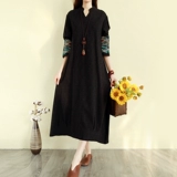 Ретро этническое демисезонное платье, длинная длинная юбка, этнический стиль, из хлопка и льна, с вышивкой, свободный крой