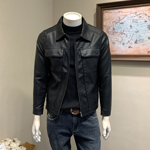 Men's motorcycle leather jacket Korean style slim fit plus velvet thickened spring and autumn and winter lapel work jacket PU men's leather jacket trendy
