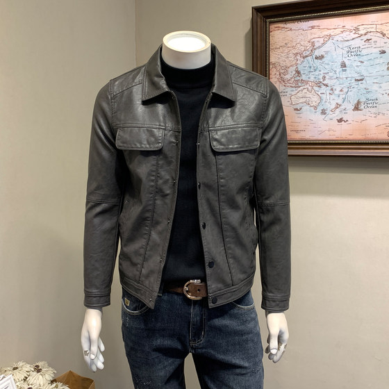 
Men's leather jacket with velvet thickened spring and autumn and winter lapel leather jacket for young fashion worker motorcycle leather jacket for spring men's clothing