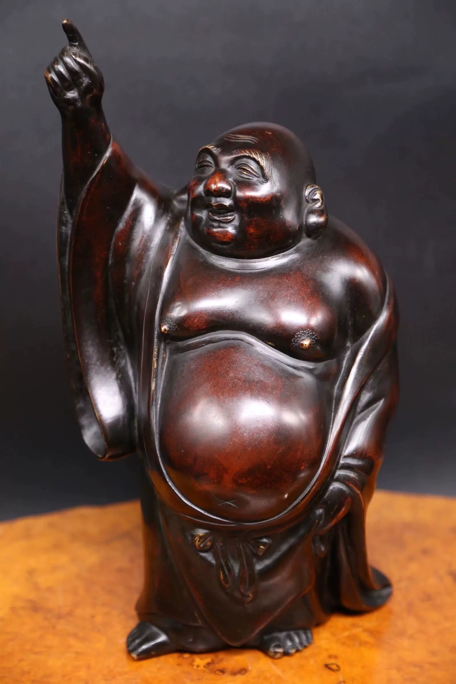 明治时代金工铜像《古铜制见月布袋和尚置物》日本唐密铜弥勒佛像-Taobao