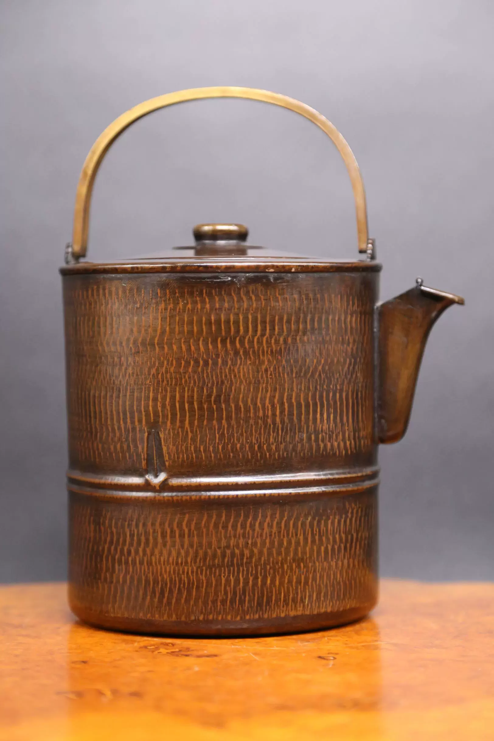 藏出 古董品 古銅器 竹紋 茶壺 酒壺 急須 茶道具 煎茶道具 稀少 日本茶道具，金诚堂制《铜制，竹节型铜水注，铜壶》
