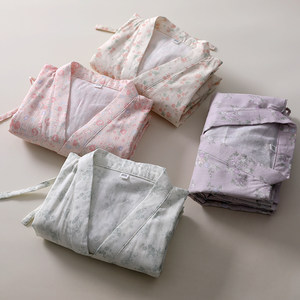 
Printed nightgown women's pure cotton gauze thin spring and summer 7-minute sleeve home morning robe sweat steam bathrobe cardigan integrated dress