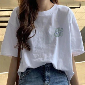 Heavy pure cotton white short-sleeved T-shirt for women Korean style loose round neck printed half-sleeved round neck student T-shirt top