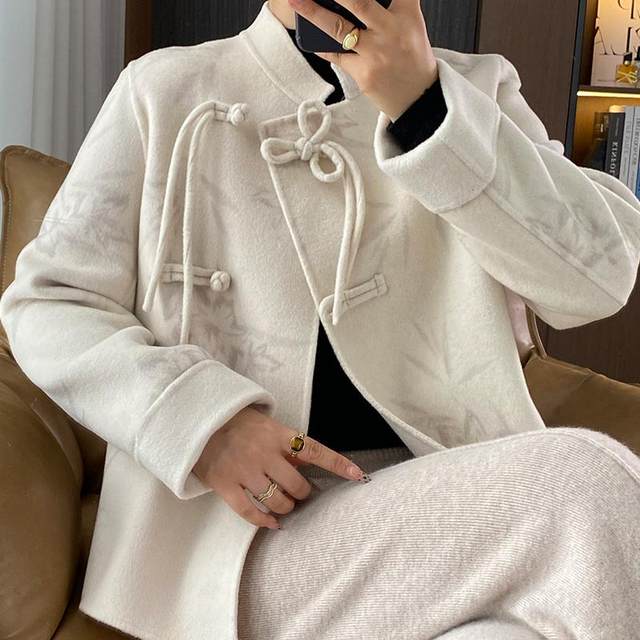 Chinese style printed temperament wool coat retro buckle double-sided short jacket age-reducing Australian wool top
