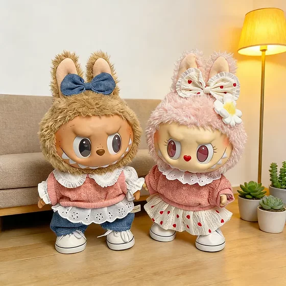 38cm Labubu plush doll replacement Labubu doll clothes pink waxy sweetheart skirt suit jeans