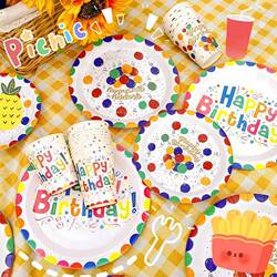 Disposable Paper Cups, Plates, Tableware, Balloons, Tablecloths, Kidsren's Happy Birthday Dessert Table Decoration Scene Layout Set