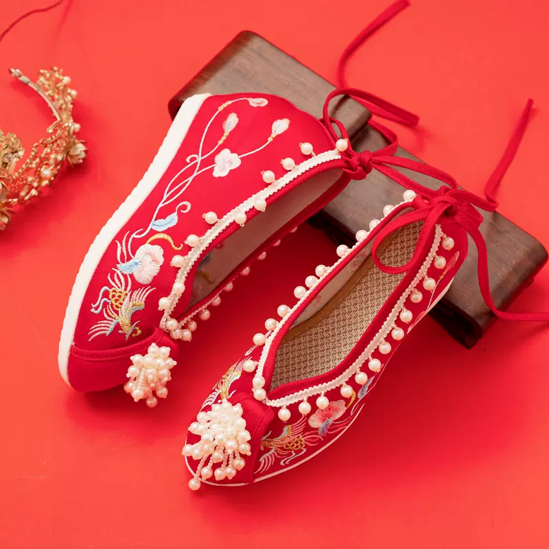 古风古装翘头履弓鞋女高跟结婚新娘绣花鞋秀禾内增高汉服鞋红布鞋