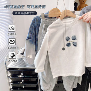 
Children's versatile smiling face T-shirt 2026 spring round neck long-sleeved T-shirt middle children autumn cotton bottoming shirt boys white sweatshirt