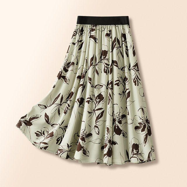 
Temperament commuter chiffon A-line printed skirt for women in summer 2025 new elastic waist slimming large umbrella skirt