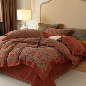 
Retro Chinese-style rich yarn-dyed cotton double-layer yarn four-piece set A-grade maternal and infant moisture-absorbent and breathable cotton bedding