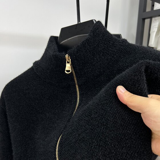 Chenille cardigan men's stand-alone collar zipper autumn and winter plus velvet thickened sweater solid color trendy men's sweater jacket
