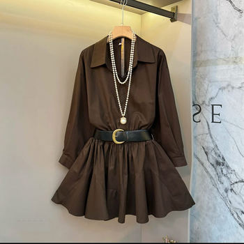 
Large size women's lapel belt long sleeve shirt skirt