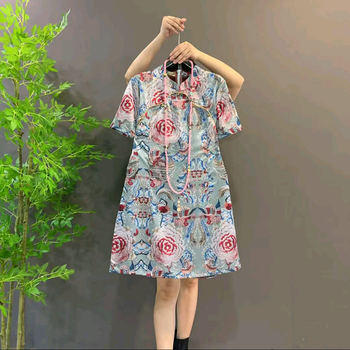 
Large size women's stand-up collar short-sleeved floral cheongsam skirt