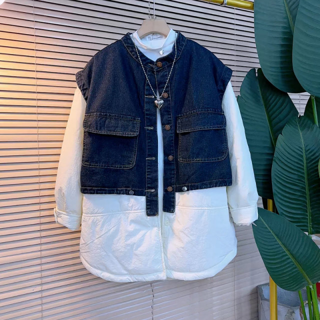 Add fat -size women's clothing stitching denim horsema fake two cotton jackets, fat sister in winter, leisure top tide