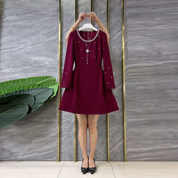 
Large size women's round neck beaded dress with diamond dots