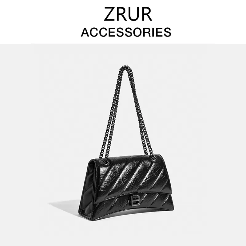 ZRUR包包2023新款沙漏包真皮褶皺菱格鏈條包單肩斜挎女包高級感包-Taobao