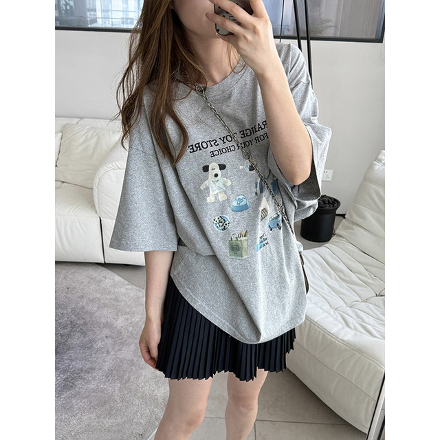 Momo Big Sister New Gray T-shirt Women's Loose Round Neck Top Cartoon Printed Half Sleeve Age Reducing Niche T-shirt